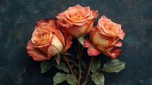  A Group Of Three Orange Roses Sitting On Top Of A Black Counter Top Next To A Green Leafy Plant On The Side Of The Wall Of A Black Wall.