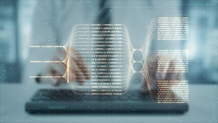 Wall Mural - programming language hologram with coder hands typing on computer keyboard abstract background. arti