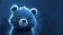  A Painting Of A Blue Teddy Bear With Stars On It's Chest And A Blue Background With A Black Bear's Head On It's Left Side.