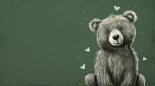  A Black And White Drawing Of A Teddy Bear With Hearts On It's Chest, Sitting In Front Of A Green Background With White Hearts On The Bottom Of The Bear.