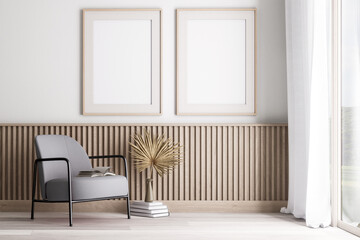 Minimal style blank picture frame made of wood Hang on the wall in the vintage living room 3d render, near the window, Decorated wall with wooden slatted skirt, furnished with gray armchair