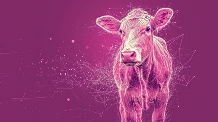 Wall Mural -  a close up of a cow's face on a pink background with lines and dots in the shape of the cow's head and the cow's head.