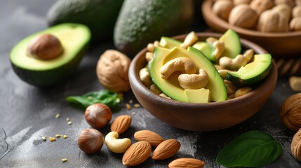 Wall Mural - A health-focused image showcasing magnesium supplement capsules alongside natural magnesium-rich foods such as sliced avocado, fresh broccoli, and a variety of nuts like almonds and cashews.