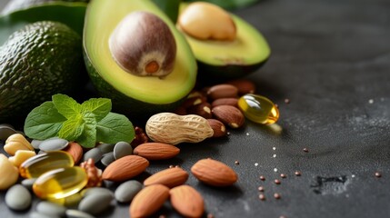 Wall Mural - A health-focused image showcasing magnesium supplement capsules alongside natural magnesium-rich foods such as sliced avocado, fresh broccoli, and a variety of nuts like almonds and cashews.