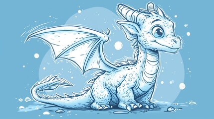  a blue and white drawing of a dragon sitting on the ground with bubbles around it's neck and wings, with a blue background of snow and bubbles around it.