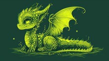  A Drawing Of A Green Dragon Sitting On Top Of A Body Of Water In Front Of A Dark Green Background, With Stars And Bubbles In The Shape Of A Dragon's Tail.