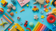 A playful and colorful flat lay of childrens toys and books on a bright background.
