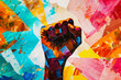 © ADDICTIVE STOCK - AI Generated Image. Pop art collage of the black raised fist made of colorful design elements