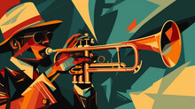 Afro-American Male Jazz Musician Trumpeter Playing A Brass Trumpet In An Abstract Cubist Style Painting For A Poster Or Flyer, Stock Illustration Image 