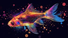  A Drawing Of A Goldfish On A Black Background With Multicolored Circles Of Light Coming Out Of The Fish's Body And The Fish's Head.