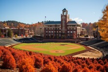 Baseball Stadium Surrounded By Autumn Colored Trees Under A Clear Blue Sky