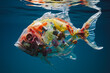 © ADDICTIVE STOCK - Fish silhouette made of plastic trash in the ocean. Generative AI image