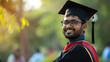 © ds17 - Young Indian guy wearing a graduate cap on a blurred background with space for text