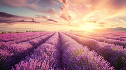 Wall Mural - Lavender field at sunset during summer