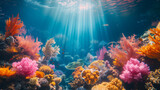 Fototapeta Do akwarium - Natural coral reef vivid background, underwater view with fish