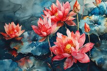 Watercolor Illustration Closeup Of Beautiful Pink Lotus Waterlily Flowers With Leaves On The Water