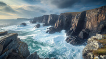 A Rugged Coastline With Crashing Waves And Jagged Cliffs.