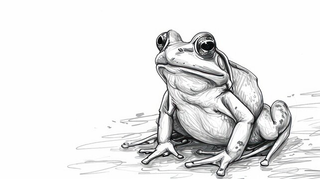  a black and white drawing of a frog sitting on the ground with its legs crossed and eyes wide open, with water droplets on the ground around the frog's legs.