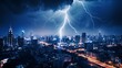 Lightning strike over a modern urban city at night