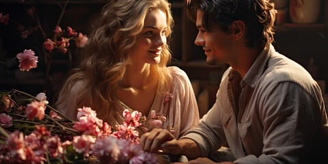 Young couple on date sitting at table with candles and drinking champagne with romantic background