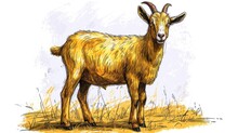  A Drawing Of A Goat Standing On A Dry Grass Field With A Blue Sky In The Back Ground And Yellow Grass In The Front Of The Goat's Head.