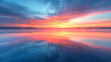 A Serene Lake At Sunrise With Mist Rising Off The Water And A Colorful Sky.