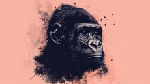  A Close Up Of A Monkey's Face On A Pink Background With A Black And White Drawing Of A Gorilla's Head On It's Left Side.