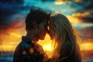 Wall Mural - couple with a blonde hair and a blue eyes and a professional overlay on the sunset