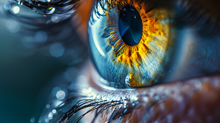 yellow and blue eye close up with drops on eyelashes, generative ai