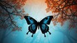 Background. Butterfly and dandelion morpho. Dandelion flower seeds in water drops with sunrise background.