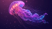  A Colorful Jellyfish Floating In The Ocean On A Dark Blue And Pink Background With Bubbles Of Water And Bubbles Of Light On The Bottom Of The Jellyfish's Head.