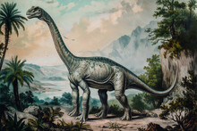 Sauropod, Old Antique Colored Style Art. Generative AI Image.
