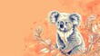  a drawing of a koala sitting on a branch of a tree with leaves and flowers around it, with an orange background and a splash of orange watercolor.