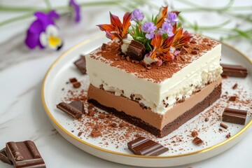 Wall Mural - Chocolate and flan dessert with inverted cake milk flan chocolate bars and natural flower decorations on marble countertop