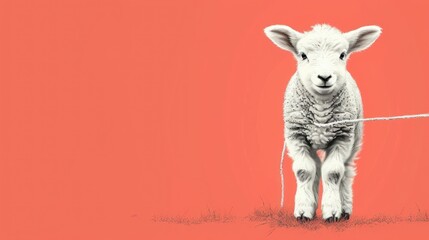 Wall Mural -  a black and white photo of a sheep on a red background with a rope in the foreground and a red background with a black and white photo of a white sheep.