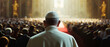 The Pope stands facing a crowd during a service, embodying spiritual leadership and reverence