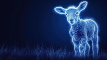  A Blurry Photo Of A Baby Goat Standing In A Field Of Grass With A Blue Light Shining On It's Face And It's Head And It's Face.