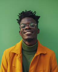 confident young man with stylish glasses, smiling in casual attire on green background