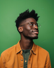 Confident young man with stylish glasses, smiling in casual attire on green background