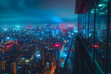 Wall Mural - Neon Horizon: Wide-Angle Glimpse of Futuristic City Lights