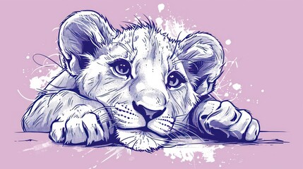  a drawing of a lion resting its head on the ground with its paws on the ground and its head resting on the ground with its paws on a pink background.