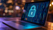 Glowing padlock symbol on laptop screen, symbolizing cybersecurity, against a blurred background