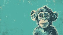  A Close Up Of A Monkey On A Blue Background With A Black And White Drawing Of A Monkey On The Back Of It's Head And A Green Background.