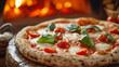 A traditional Italian pizza with melted mozzarella basil and ripe tomatoes fresh out of a wood-fired oven.