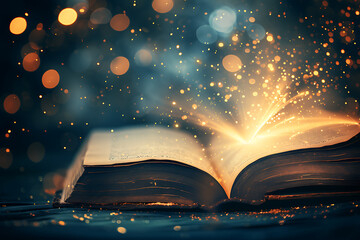 Canvas Print - Magic book with open pages and abstract bokeh background.