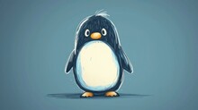  A Drawing Of A Penguin With A Sad Look On It's Face, Standing In Front Of A Blue Background, With A White Spot In The Center Of The Penguin's Eyes.