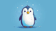  A Blue And White Penguin Sitting On Top Of A Blue Ground With Snow Flakes On It's Head And A Yellow Beak On Its Head And A Blue Background.