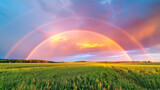 Fototapeta Tęcza - A vibrant sunset after a rainstorm with a rainbow arching over a lush field.