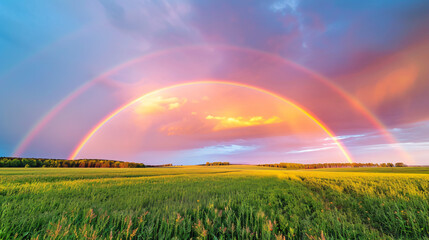  A vibrant sunset after a rainstorm with a rainbow arching over a lush field.