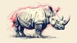  a drawing of a rhinoceros with red streaks on it's body and a black rhinoceros'head with red streaks on it's body.
